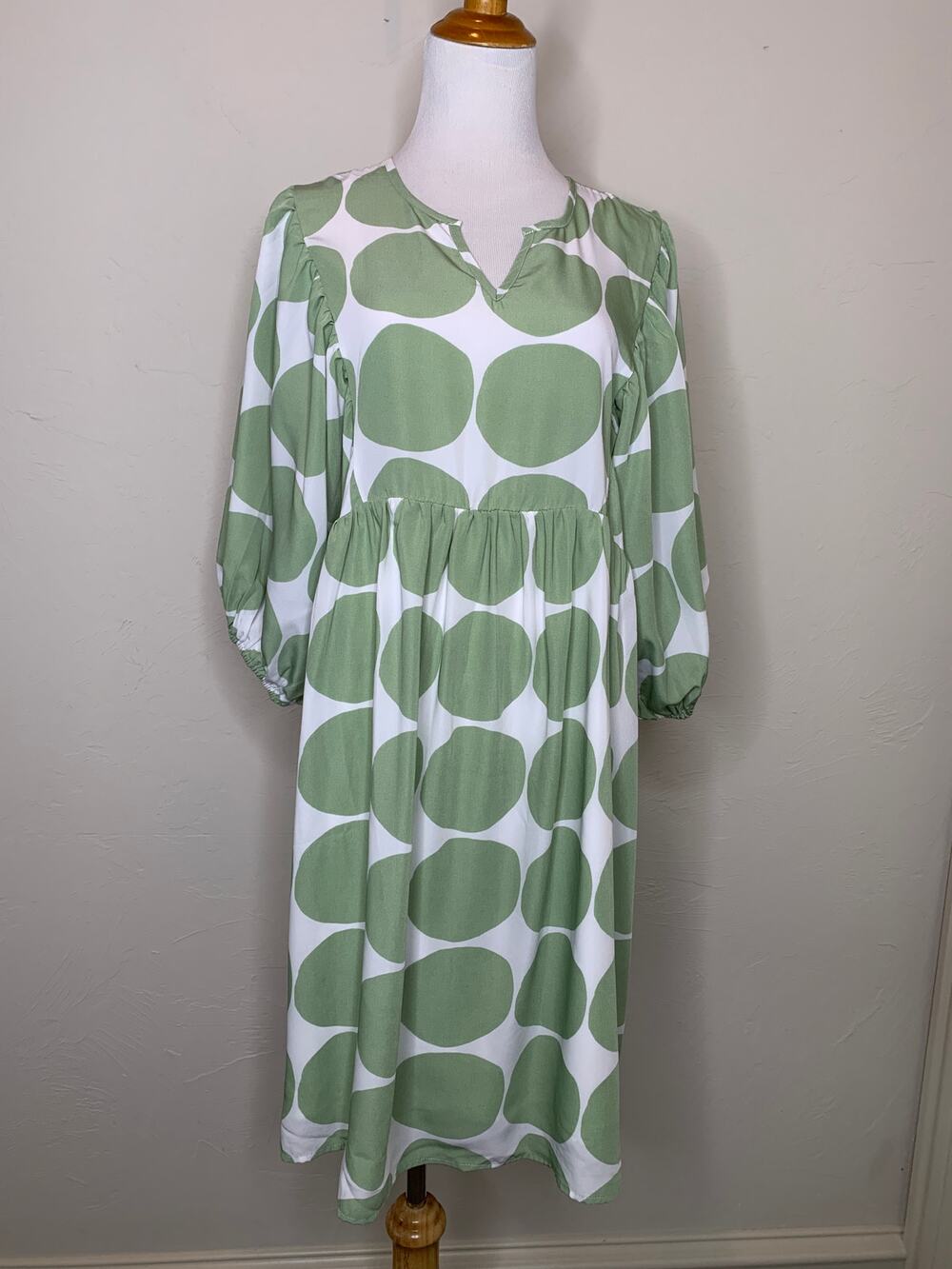 Ces Femme Sage Green Polka Dot Babydoll Dress Sz Large Boho